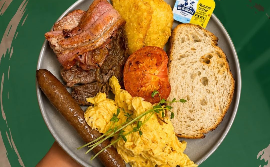 The Big Breakfast at Rasa: bacon, sausage, scrambled eggs, hash browns, grilled tomato and sourdough