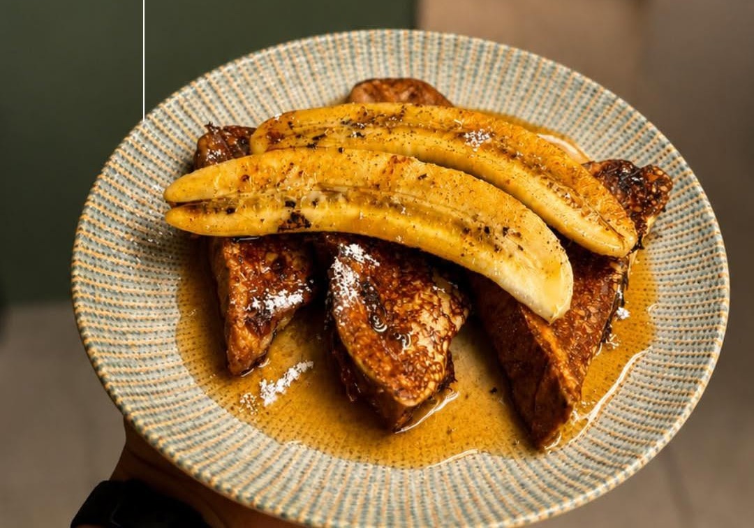 French toast with caramelised banana and maple syrup